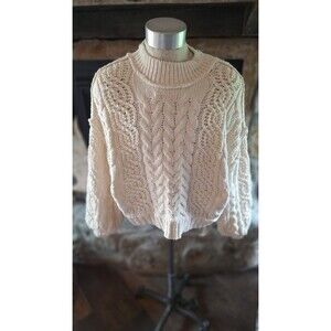 POL Soft Chunky Knit Cropped Cable Cream Knit  Pattern Turtle Neck Sweater Large